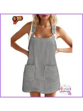 Yousify Womens Casual Denim Overall Dress Striped Sleeveless Mini Romper